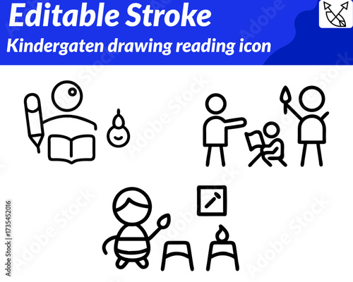 Kindergarten drawing and reading icon character in a playful, flat vector style, featuring a smiling child sitting cross-legged with a book. in hand while colorful crayons pencils sketchpad are placed
