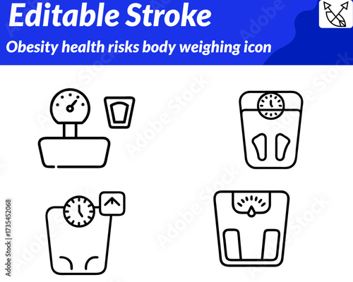 Obesity health risks body weighing icon character in a clean. flat vector style, showing a person standing on a weighing scale with a worried or thoughtful expression. The body is slightly rounded.