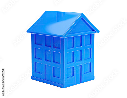 3D rendering of a stylized blue two-story house with multiple windows
