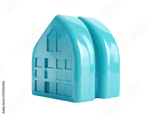A teal-colored architectural model shaped like a house and connected arched volume