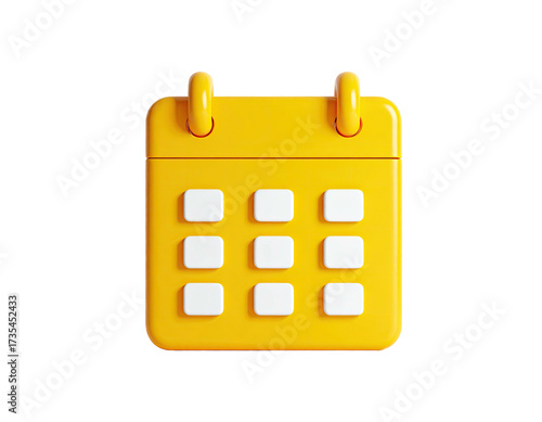 A bright yellow, 3D-rendered calendar with a square shape and highlighted dates
