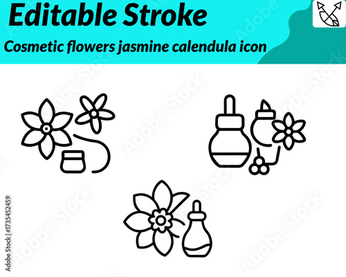 Cosmetic jasmine flowers icon character in a refined vector style, featuring white jasmine blossoms with soft golden centers arranged gracefully around green leaves, symbolizing natural beauty and fra