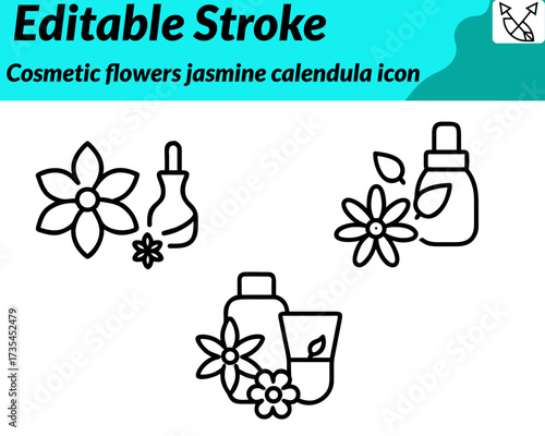 Cosmetic jasmine flowers icon character in a refined vector style, featuring white jasmine blossoms with soft golden centers arranged gracefully around green leaves, symbolizing natural beauty and fra