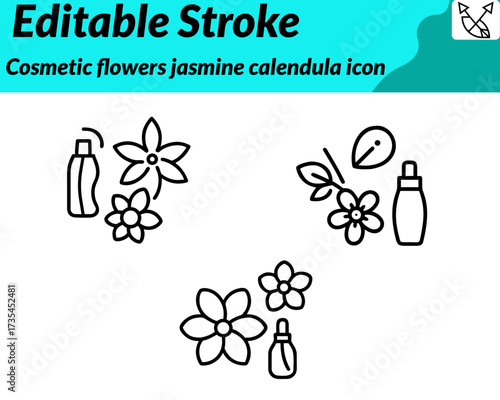 Cosmetic jasmine flowers icon. character in a minimal, elegant vector style, showing delicate jasmine blossoms with soft petals and lush green leaves. Accents of cosmetic elements like a cream jar.