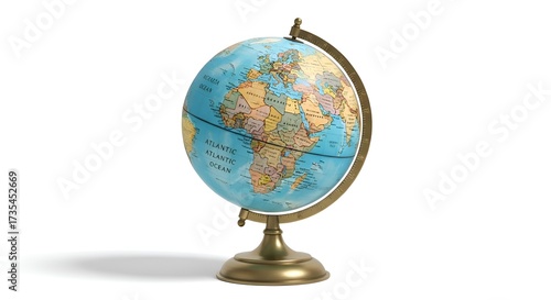 A classic globe showing world map, centered on white background