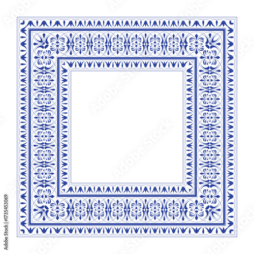 Elegant square frame with classic blue and white floral pattern. Floral plate. Vintage ornamental border frame. Template Pattern frame for textiles, embroidery, china Delftware, earthenware, ceramics