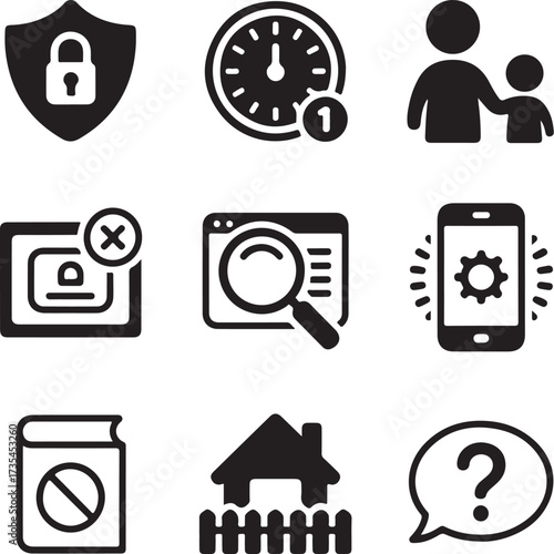 Nine detailed parental control icons on a white background security safety