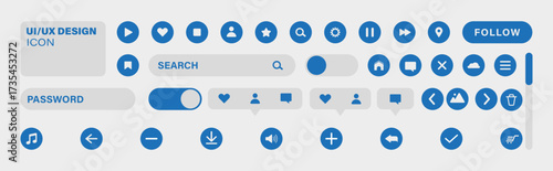 Flat vector illustration of user interface and UX elements set with buttons, icons, search bars, toggles, and interactive components for apps and websites