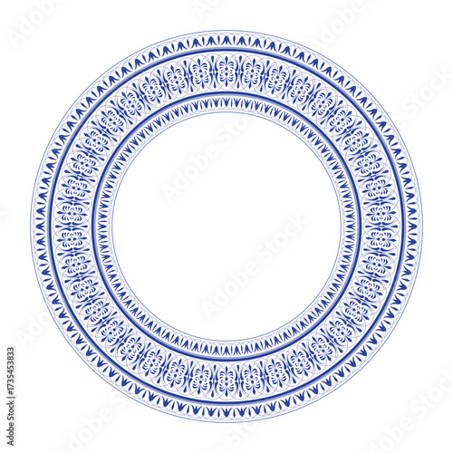 Elegant round frame with classic blue and white floral pattern. Refined border. Vintage ornamental border frame. Pattern frame for textile, embroidery, ceramic china Delftware, earthenware, plate