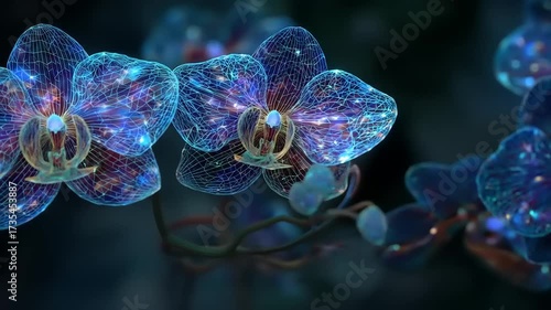 Digital orchid flower animation futuristic design with glowing details
