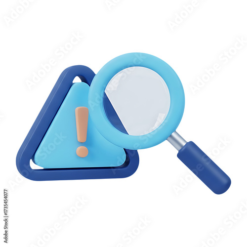 3D Render A blue warning sign with an exclamation point and a magnifying glass icon scan on transparent background
