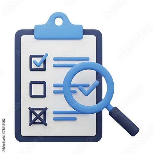 3D Render A clipboard with checkmarks, a box, a cross, and a magnifying glass icon art on transparent background