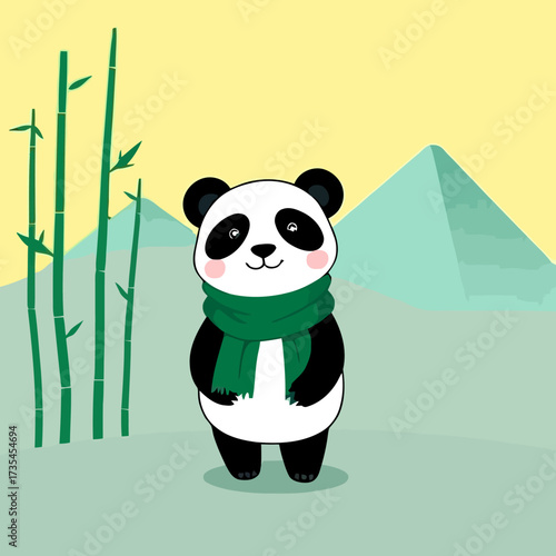 Cute cartoon panda wearing a green scarf, standing in a landscape with bamboo stalks and mountains in the background.