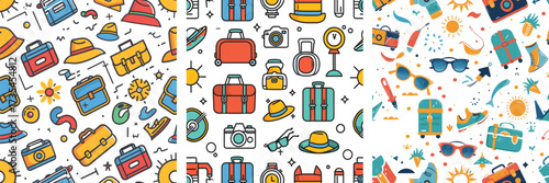 Seamless pattern of colorful travel icons and luggage set – vector illustration