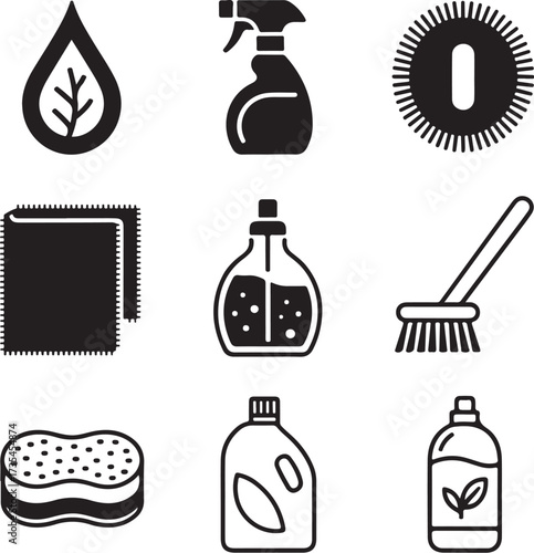 Set of nine detailed eco cleaning supplies on a white background eco friendly green cleaning