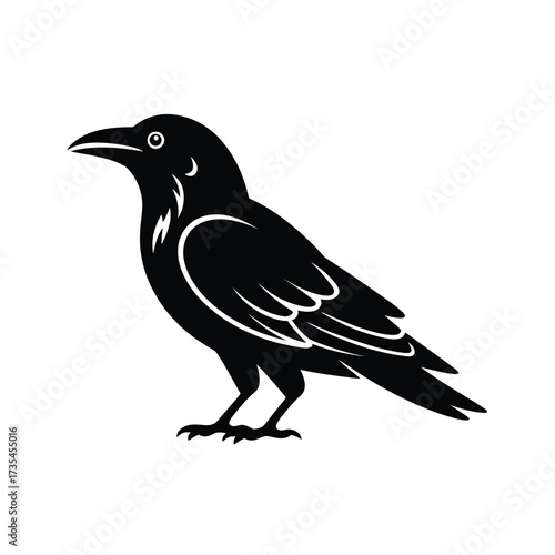 Stylized silhouette of a black crow bird on white background