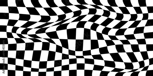 Black and white checker pattern vector illustration. Chess board. Abstract checkered checkerboard for game. Grid geometric square shape. Race flag. Retro mosaic checkerboard psychedelic pattern.