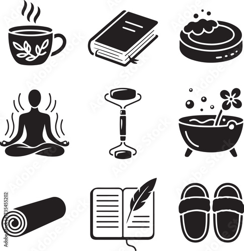 Nine detailed self care ritual icons with transparent background wellness