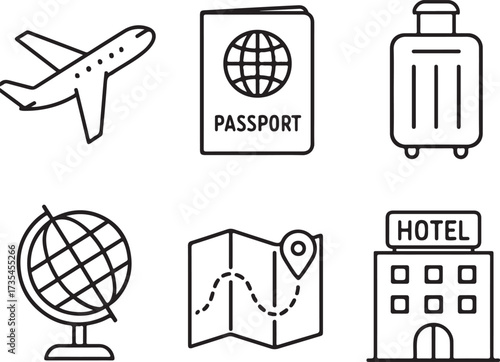 Travel linear icon pack, airplane, passport, suitcase, globe, map, hotel, thin outline vector design