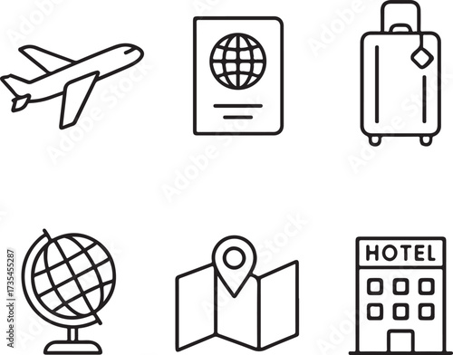 Travel linear icon pack, airplane, passport, suitcase, globe, map, hotel, thin outline vector design