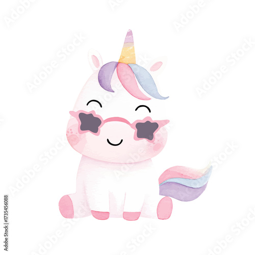 Adorable Watercolor Unicorn with Star Sunglasses Cute Fantasy Illustration.