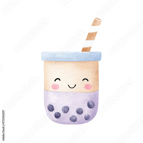 Cute Cartoon Boba Tea Cup Watercolor Illustration 1.