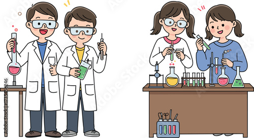 Young students in science lab, chemistry experiment, STEM education, teamwork, safety goggles, test tubes, colorful liquids, hands-on learning, laboratory activity, scientific research