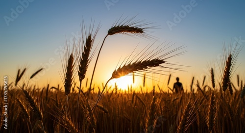 Wheat field silhouetted against sunset sky featuring ears of grain and a distant figure