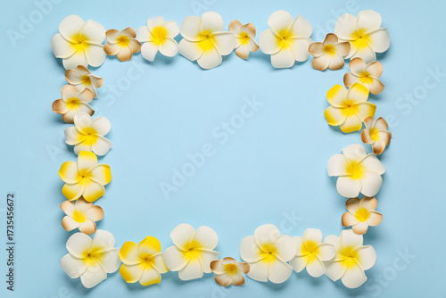 Canvastavla Frame made of beautiful plumeria flowers on blue background