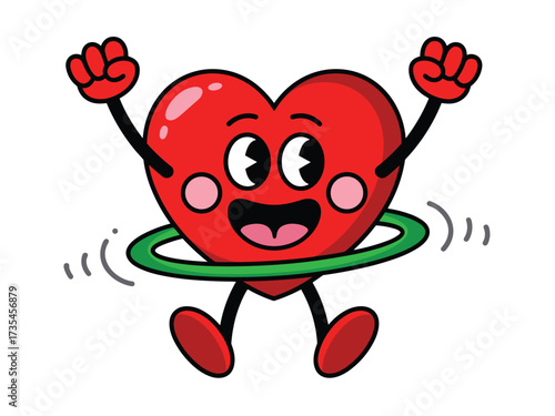 Happy cartoon heart hula hooping isolated on white background