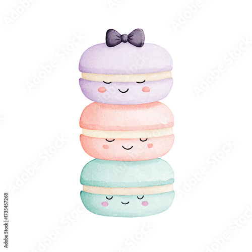Cute Watercolor Macarons Stack Pastel Dessert Illustration.