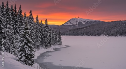 Winter landscape scene with snow covered trees and a snow covered mountain at sunset or sunrise with orange sky