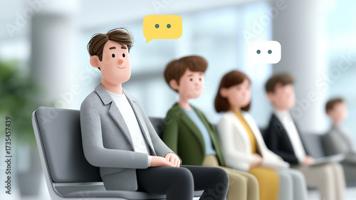 Professional corporate environment showcasing business attire candidates waiting for interviews, confident man highlighted as symbol of recruitment success, career growth, and HR selection