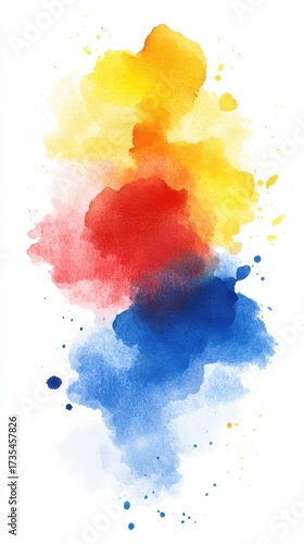 Vibrant abstract watercolor splash in red, yellow, and blue hues. Hispanic Day