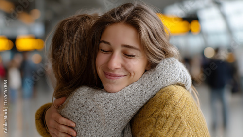 Touching embrace between two friends inside a contemporary airport terminal arrival area, filled with travelers, luggage, glowing sunlight, and flight screens creating a warm atmosphere of reunion