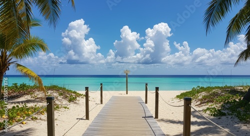 Wooden pathway leading to tranquil beach with vibrant turquoise water and fluffy white clouds under blue sky