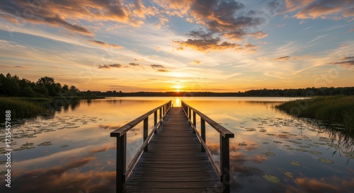 Wooden pier extending over calm water towards a vibrant sunset horizon scenic landscape nature background