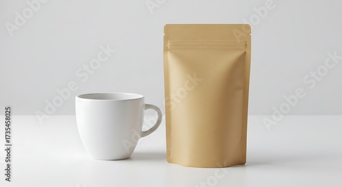 A white ceramic mug sits beside a standing, sealed, brown kraft paper pouch on a clean, bright white surface.