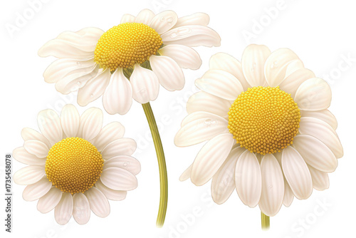 Three White Daisies with Yellow Centers on Transparent Background Close Up View Floral Arrangement with Smooth Petals Sunny and Bright Outdoor Aesthetic Spring or Summer Garden Theme