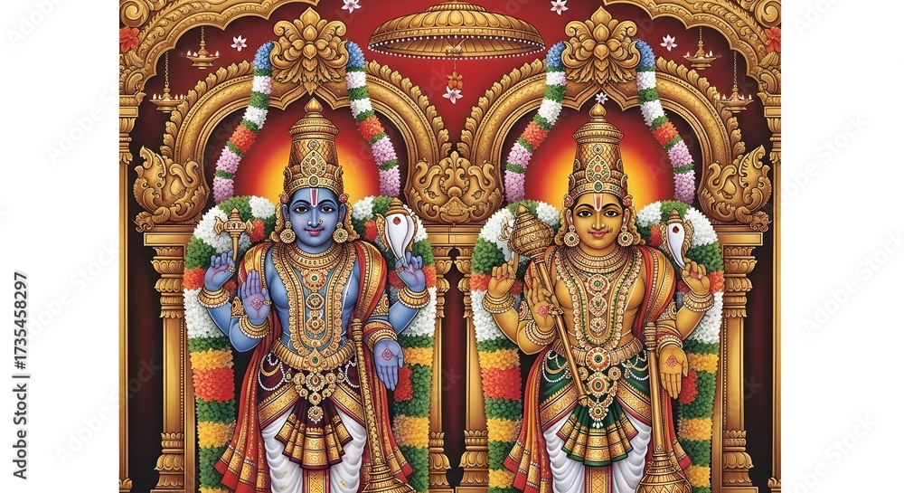 Fototapeta premium Colorful Hindu Deities Statues with Floral Garlands in Ornate Temple Setting