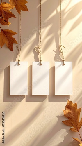 Three blank tags hang with autumn leaves and shadow details