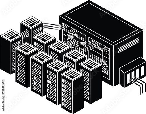 Server rack array with connected main unit illustration
