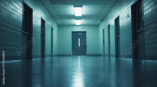 Long, empty corridor in a modern building with closed doors and bright fluorescent lights under a serene blue environment