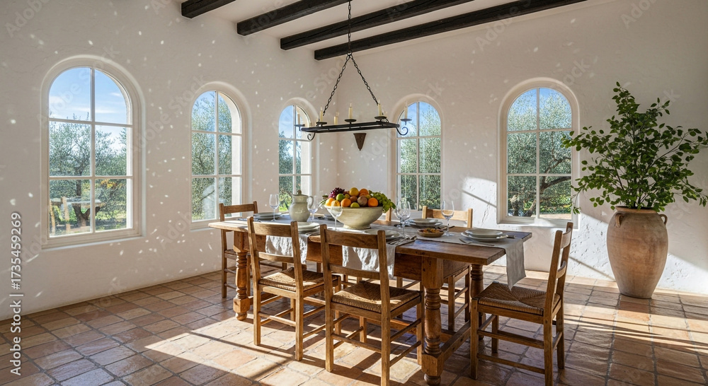Fototapeta premium Elegant Mediterranean Dining Room with Arched Windows and Rustic Wooden Table.