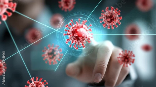 Digital World of Viral Threat: An evocative shot highlighting the potential interaction with the unseen threats of the digital age, a finger delicately touches a holographic virus model.