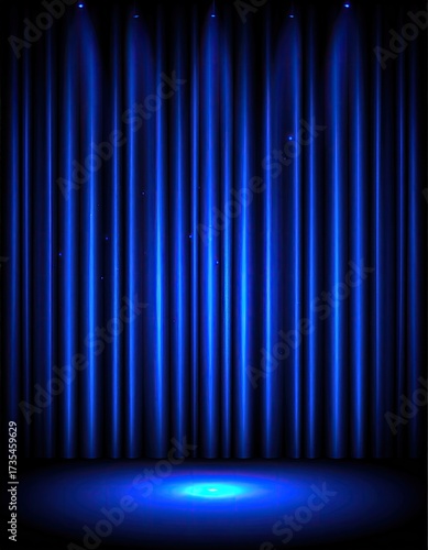 Blue stage curtains lit by spots, dark floor