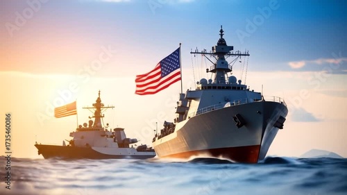 Warships with US flags on ocean at sunset.