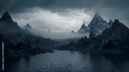 Dramatic landscape depicting mountain peaks and serene waters beneath a cloudy sky