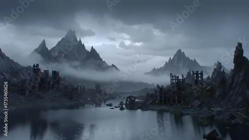 Dramatic landscape with mountains and foggy environment under a dark cloudy sky