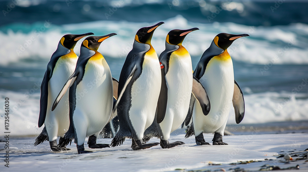 Obraz premium Group of King penguins, Aptenodytes patagonicus, going from white sand to sea, artic animals in the nature habitat, dark blue sky, Antarctica